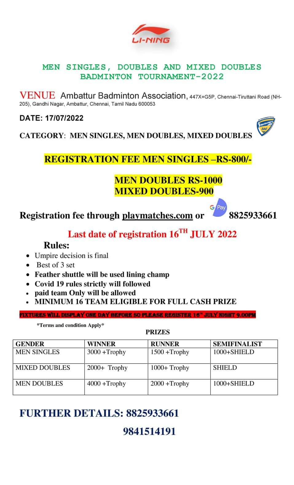 Men Singles Doubles and Mixed Doubles Badminton Tournament 2022