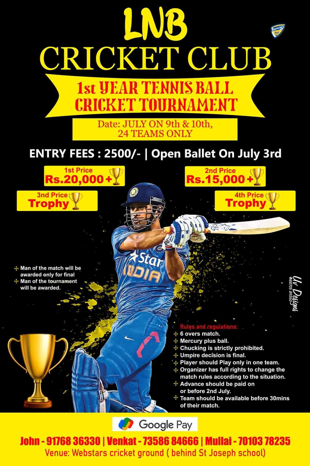 1st Year Tennis Ball Cricket Tournament in Chennai